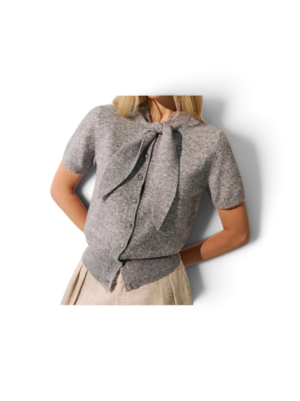 Commense Gray Tie-Neck Short Sleeve Button-Down Top